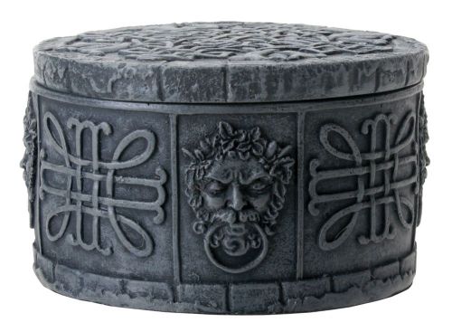 Round Matte Silver Tone Metal Celtic Box with Swirl and Face Designs