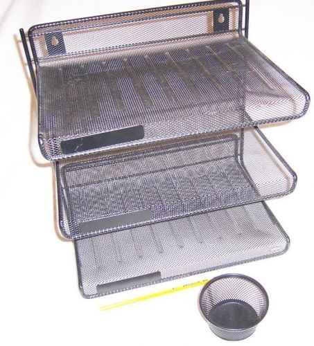 Black wire mesh 3 tier desk paper file tray /shelf &amp; cup desktop organizer /used for sale