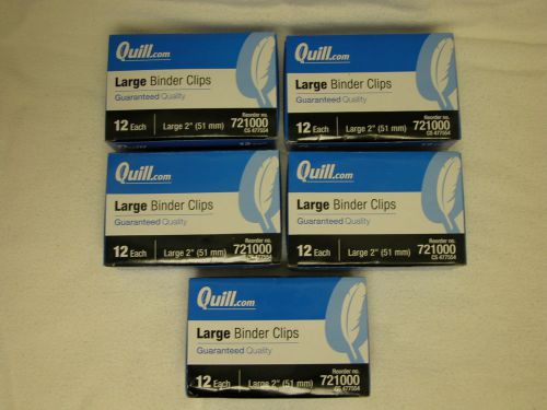5 boxes of 12 Large Binder Clips Quill brand - 2&#034; wide, #721000, Size 10 Black