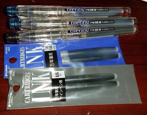 4 Platinum Preppy (05 M) Fountain Pens and 2 Packs of Cartridge Refills