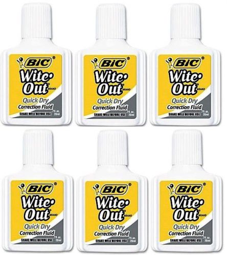 6 Pcs GENUINE BIC Wite Out Quick Dry Correction Fluid White Foam Brush 7 Oz Each