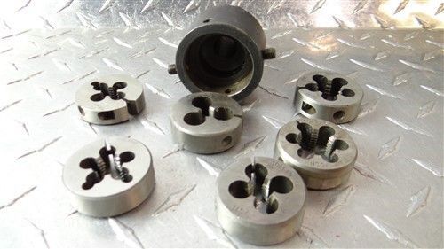 LOT OF 6 HSS 1-1/2&#034; DIES 1/2&#034;- 13 TO 5/8&#034;- 11 UNC W/ DIE HOLDER