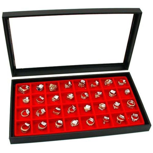 Clear Top Lift Off 32 Earring Jewelry Display Case Red