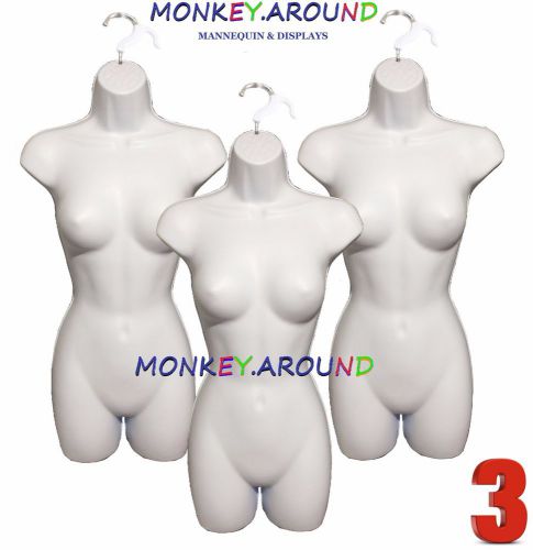 3 MANNEQUIN FEMALE WHITE DRESS BODY TORSO WOMEN FORMS +3 HANGER DISPLAY CLOTHING