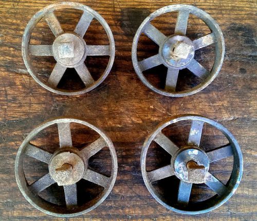 Antique Set 4 Industrial Cast Iron Wheels Hit MIss Factory Cart Wheel Vintage 5&#034;