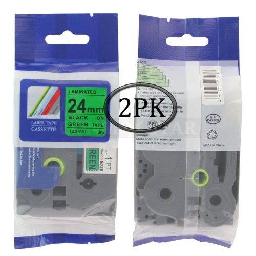 2pk Black on Green Tape Label Compatible for Brother P-Touch TZ TZe 751 24mm