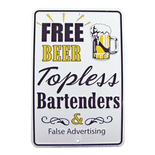 Free Beer/Topless Bartenders Funny Tin Embossed Sign Bar/Pub/Man Cave Wall Decor