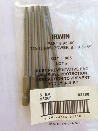 Irwin T15 Torx Power Bit X 3 1/2&#034; , #93360 , !/4 Hex , 5/pk
