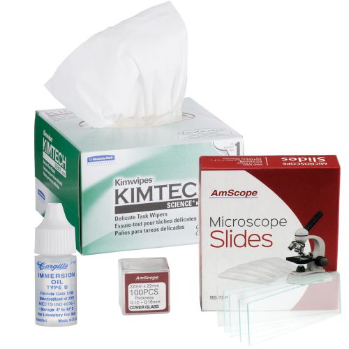 Microscope immersion oil 1/4 oz type b with kimwipes, 72 slides &amp; 100 coverslips for sale