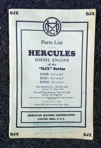 Original 1948 Hercules Diesel Engine DJX series Parts List Catalog Book Manual