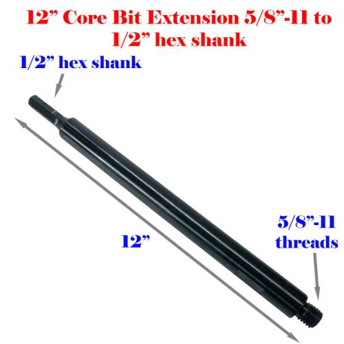 12&#034; Extension Core Drill Bit Adapter 5/8&#034;-11 Thread Male to 1/2” Hex Shank