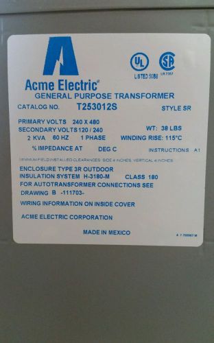 Acme electric t253012s transformer single phase, 2kva, 120/240v out isolation for sale