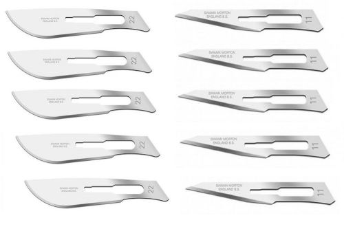 Set of 10 Swann Morton Sterile Carbon Steel Surgical Scalpel Blades #11 #22