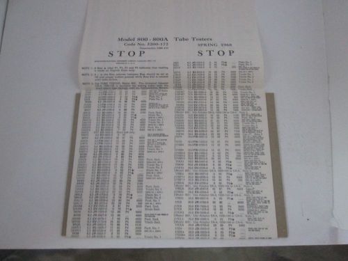 Hickok Tube Tester  Chart Model 800-800A c Spring 1968