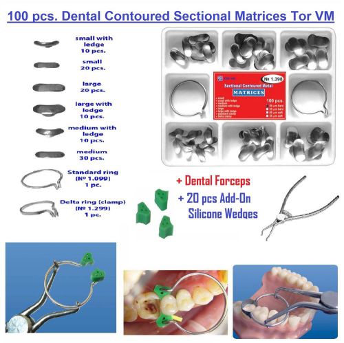 100pcs dental sectional contoured matrices matrix + 20 silicone wedges + forceps for sale
