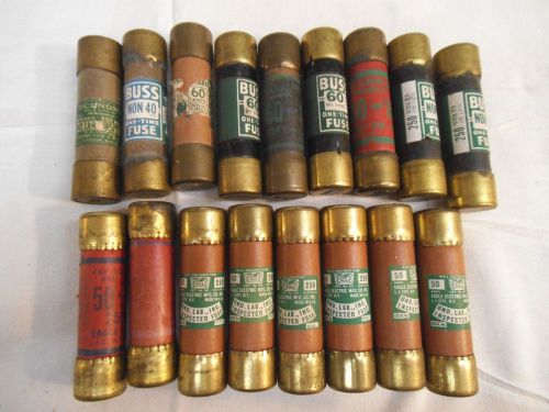 Lot of 17 Fusetron 3&#034; Buss Fuses-Mixed-35,40,50,60,Non-60 AMP-250V