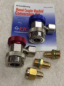 R134a manual coupler set w/14mm hose connections fjc &amp; r12 adapters conversion for sale
