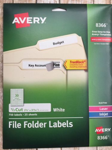 Avery 8366 File Folder Labels 1/3 Cut 750 Labels 25 Sheets