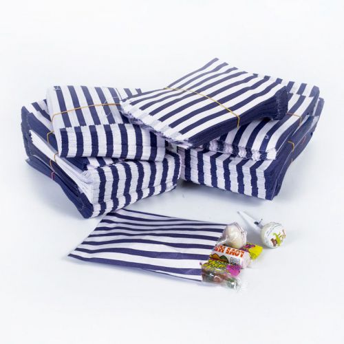 100 Blue Stripe Retro Paper Candy Bag (5x7) Carnival, Party, Concession favors