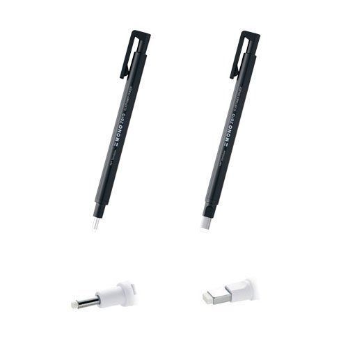 Tombow MONO Zero Pen-Style Eraser Round Tip + Square Tip (Black Barrel)
