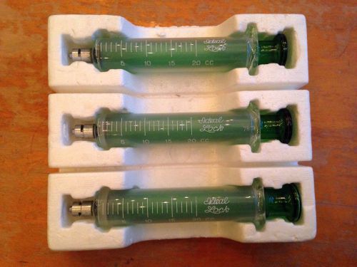 Lot Of 3 Vintage Glass Hypodermic Syringes 20cc w/ Frosted Plunger GREEN USA