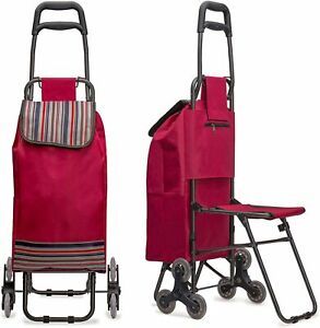 Rolling Shopping Cart Laundry Utility Trolley w/ Foldout Seat Stair Climbing Red