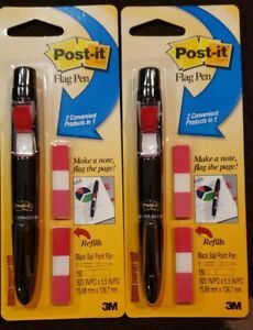 3M Post-it Flag Pens QTY(2) Lot Black Ink Ball Point Pens w/ 150 Index Flags NEW