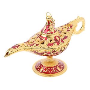 Shiny Vintage Metal Aladdin Genie Light Lamp Tabletop Accent Gold-Red