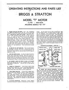 Briggs &amp; Stratton .5 HP Model T,TC &amp; TF Engine Operator &amp; Parts List Manual