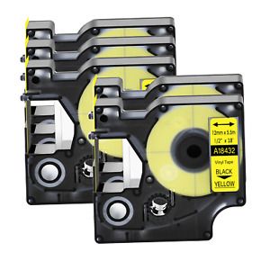 5PK 18432 Vinly Label Tape for Dymo Rhino 5000 6000 Black on Yellow 12mm x 5.5m