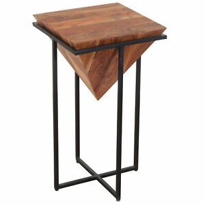 26 Inch Pyramid Shape Wooden Side Table With Cross Metal Base, Brown And Black