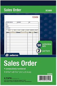 Adams Sales Order Book, 2-Part, Carbonless, White/Canary, 5-9/16 x 8-7/16 inches