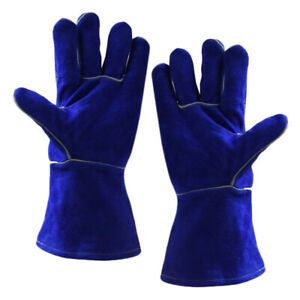 1 Pair 35cm Long Cowhide Welding BBQ Gloves Hand Protection - Dark Blue XL