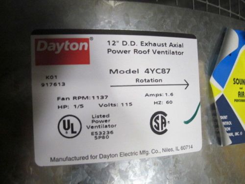 1 dayton 12&#034; d.d exhaust axial power roof ventilator 4yc87 new for sale