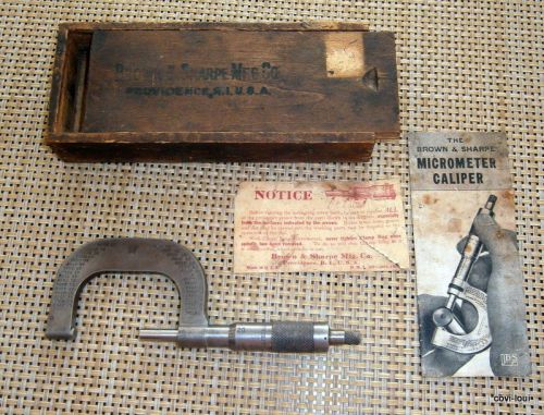 Antique Brown &amp; Sharpe Micrometer Caliper + Original Wood Box &amp; Manual -1800`s-
