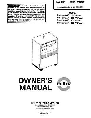 Miller Syncrowave Welder Owner&#039;s Manual &amp; Parts List