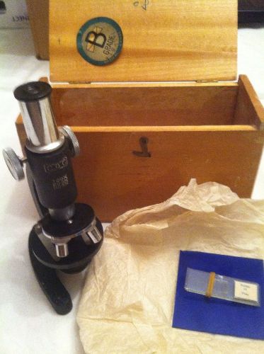 Vintage school optical goods microscope b grade w/ blue glass &amp; 3 slides for sale