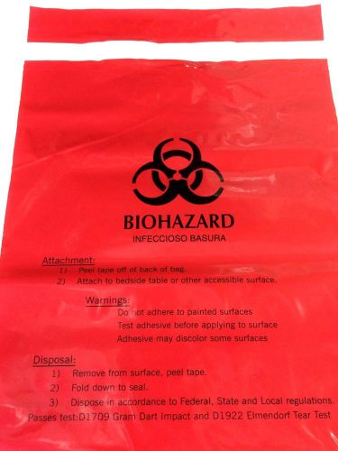 Lot of 10 CLEAR PROTECTION RED STICK ON BIOHAZARD WASTE BAGS 9X10&#034;