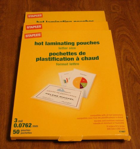 STAPLES 17467 LOT OF 120 HOT LAMINATING POUCHES 3 MIL 9&#034; X 11 1/2&#034; NEW IN PKG