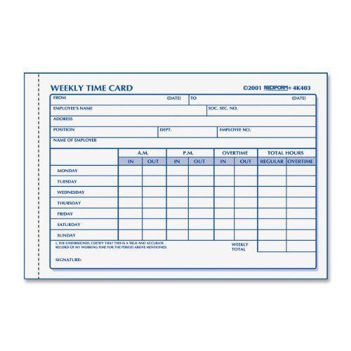 Rediform Weekly Employee Time Card - Gummed - 1 Part - 4.25&#034; X 6&#034; Form (4k403)