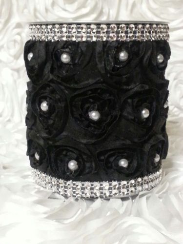 Black satin rosette fabric bling &amp; pearls pencil pen makeup holder for sale