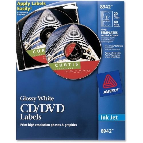 Avery Inkjet Glossy CD/DVD Labels - 20 / Pack - Circle - Inkjet - White