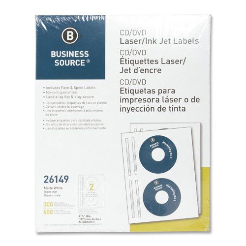Business Source CD/DVD Labels, Laser/inkjet, 300 per Pack, White
