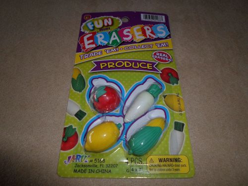 Set Of 4 Produce 3D Erasers (Tomato, Lemon, Ear Of Corn, Etc.) NEW IN PACKAGE!!