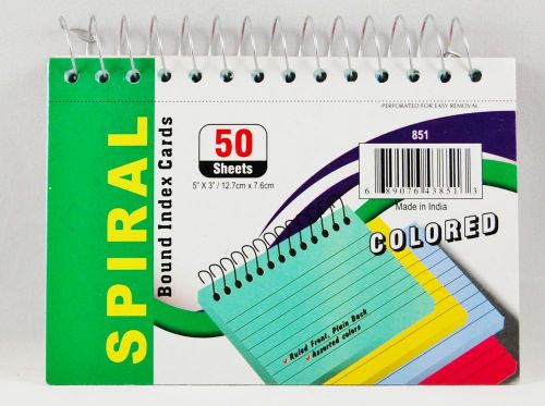 Spiral Bound Ruled Colored Index Cards - 5&#034; x 3&#034; - 50 Sheets - Case Of 36