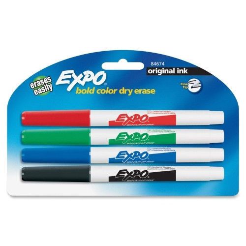 4 Pack Expo Bold Color Dry Erase Markers, Assorted Colors, Fine Tip Original Ink