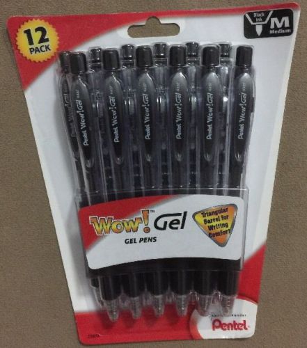 New 12 Pack Black Pentel Wow! Gel Retractable Pens Med. Triangular 23974