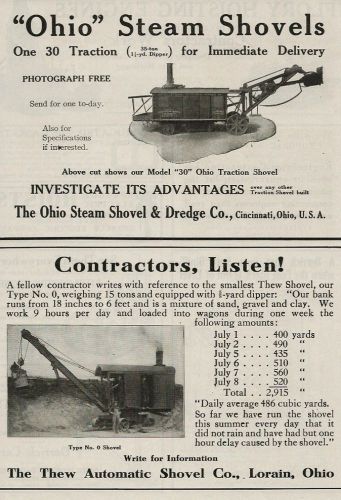 1910 - 2 ads for steam shovels, Ohio Model 30 and Thew Model O, same page ads