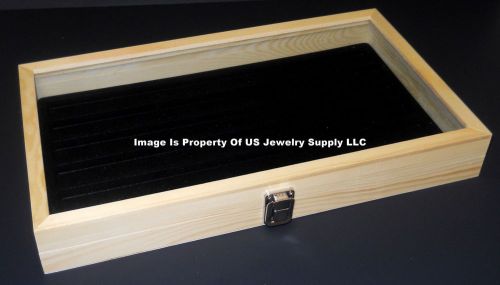 12 Natural Wood Glass Top Lid Black 6 Slot Jewelry Organizer Display Cases