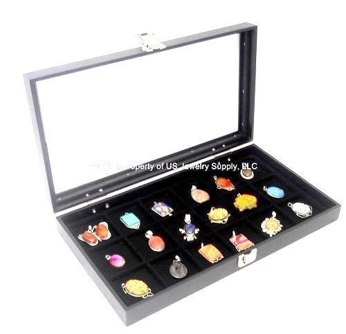 12 Glass Top Lid Black 18 Space Storage Display Box Case Jewelry Pocket Watch